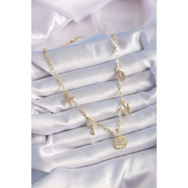 Gold Color Brass Gold Color Zircon Stone Detail Multi Figure Luck Necklace - TJ-BKO9300