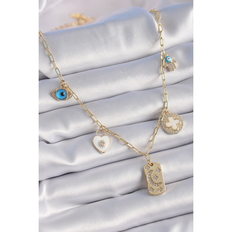 Gold Renk Zirkon Taşlı Çoklu Figür Model Şans Kolyesi - TJ-BKO9301 Gold Renk Zirkon Taşlı Çoklu Figür Model Şans Kolyesi - TJ-BKO9301