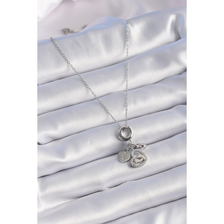 316L Çelik Gümüş Renk Zirkon Taş Detay Kalp Model Charm Kadın Kolye - TJ-BKO9305