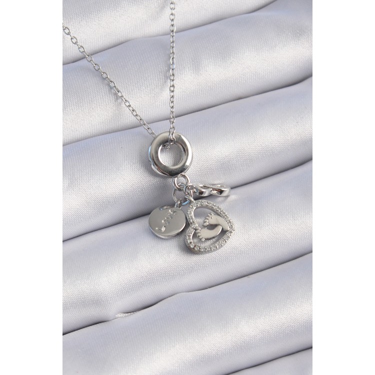 316L Çelik Gümüş Renk Zirkon Taş Detay Kalp Model Charm Kadın Kolye - TJ-BKO9305