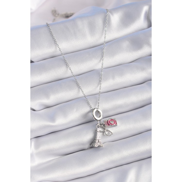 316L Çelik Gümüş Renk Eyfel Kule Fotoğraf Makinesi Model Charm Kadın Kolye - TJ-BKO9307