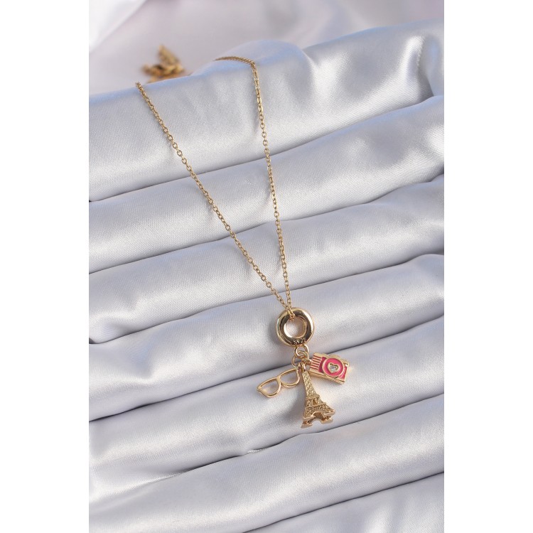 316L Steel Gold Color Eiffel Tower Camera Figure Charm Model Women's Necklace - TJ-BKO9308