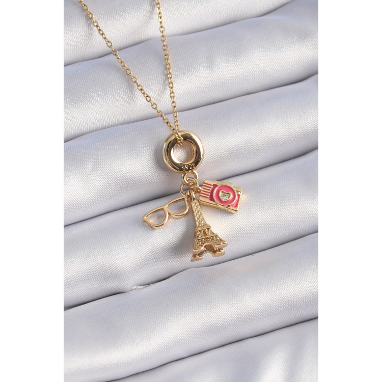 316L Steel Gold Color Eiffel Tower Camera Figure Charm Model Women's Necklace - TJ-BKO9308