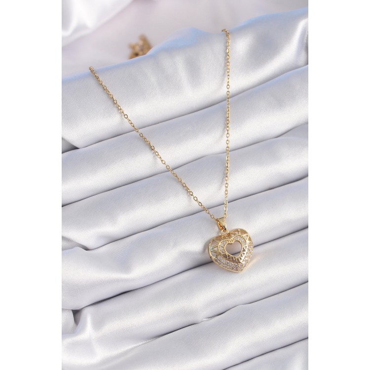 316L Çelik Gold Renk Zirkon Taşlı Kalp Model Vintage Kadın Kolye - TJ-BKO9325