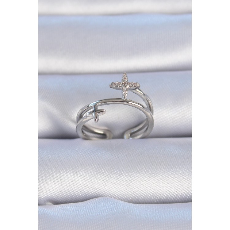 Pirinç Gümüş Renk Zirkon Taşlı Yıldız Model Kadın Yüzük - TJ-BYK3329