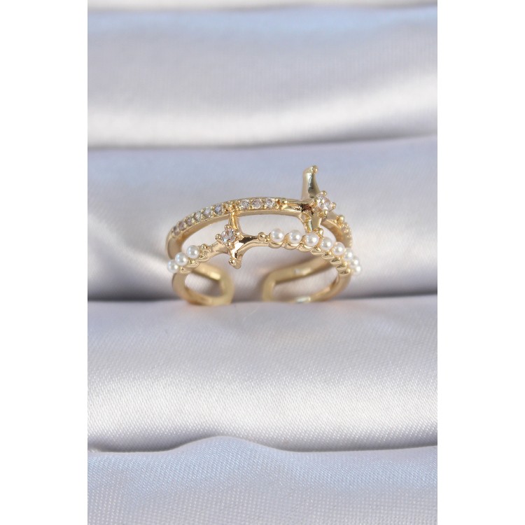 Pirinç Gold Renk Zirkon Taşlı İnci Detay Kutup Yıldızı Model Kadın Yüzük - TJ-BYK3342 Pirinç Gold Renk Zirkon Taşlı İnci Detay Kutup Yıldızı Model Kadın Yüzük - TJ-BYK3342