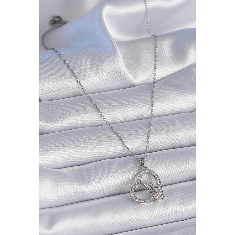 316L Çelik Zincir Gümüş Renk Zirkon Taşlı Kalp Model Melek Detay Kadın Kolye - TJ-BKO9357