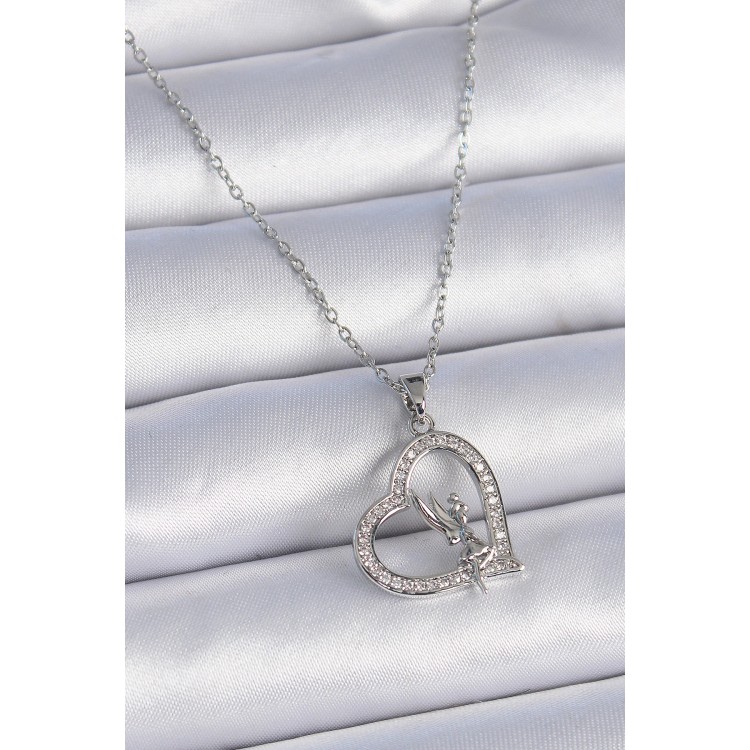 316L Çelik Zincir Gümüş Renk Zirkon Taşlı Kalp Model Melek Detay Kadın Kolye - TJ-BKO9357