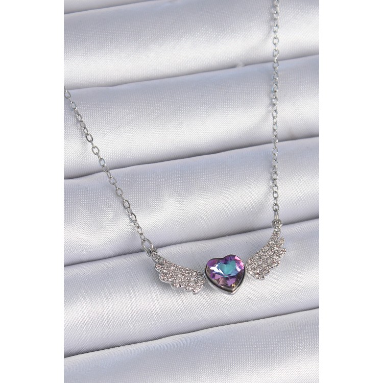 316L Steel Chain Silver Color Purple Zircon Stone Winged Heart Model Women's Necklace - TJ-BKO9374