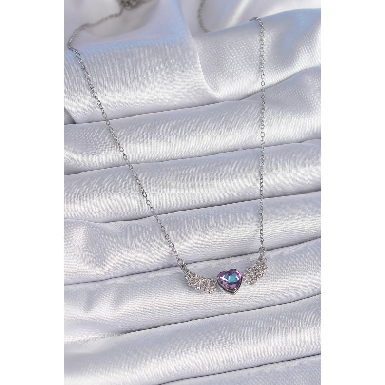 316L Steel Chain Silver Color Purple Zircon Stone Winged Heart Model Women's Necklace - TJ-BKO9374