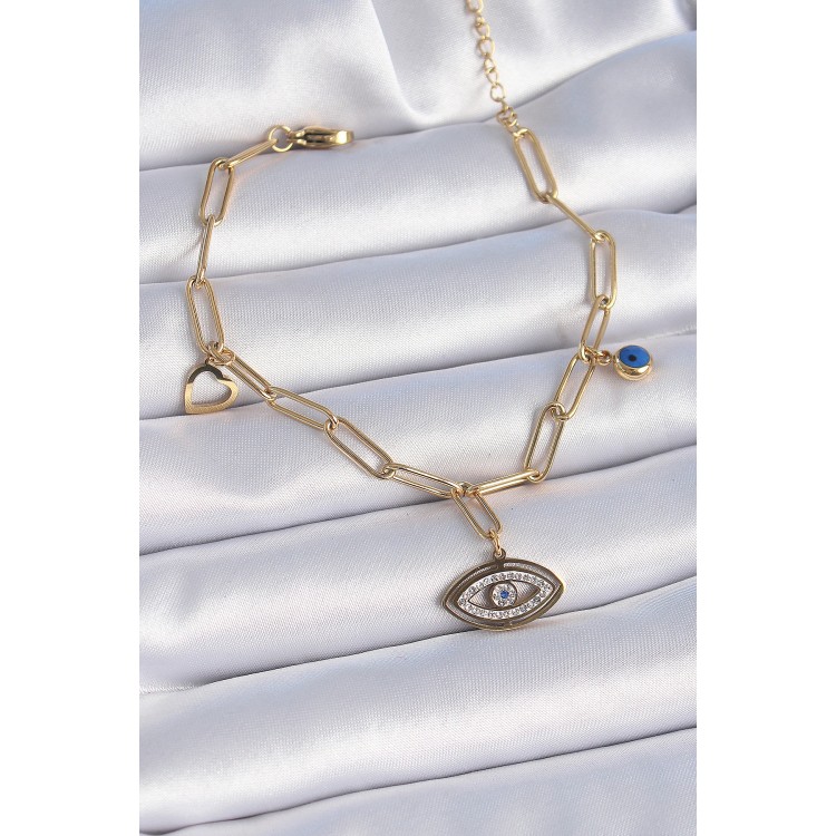 316L Steel Gold Color Zircon Stone Eye Figure Heart Detail Women's Bracelet - TJ-BB6443 316L Steel Gold Color Zircon Stone Eye Figure Heart Detail Women's Bracelet - TJ-BB6443