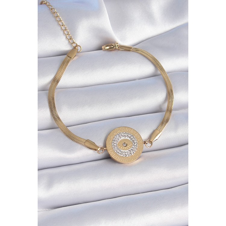 316L Çelik Gold Renk İtalyan Zincir Zirkon Taşlı Göz İşlemeli Madalyon Model Kadın Bileklik - TJ-BB6445 316L Çelik Gold Renk İtalyan Zincir Zirkon Taşlı Göz İşlemeli Madalyon Model Kadın Bileklik - TJ-BB6445