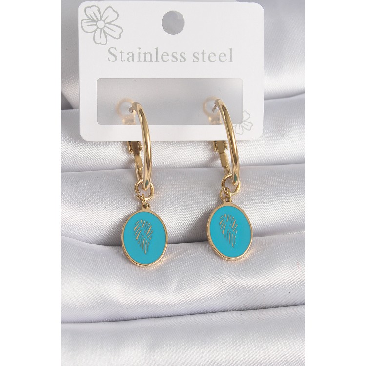 316L Steel Gold Color Hoop Model Blue Embroidered Detail Women's Earrings - TJ-BKP9580