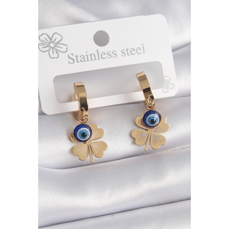 316L Steel Gold Color Clover Model Evil Eye Bead Detail Women's Earrings - TJ-BKP9584 316L Steel Gold Color Clover Model Evil Eye Bead Detail Women's Earrings - TJ-BKP9584