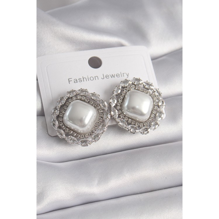 Pirinç Gümüş Renk Kare İnci Zirkon Taşlı Kadın Küpe - TJ-BKP9631 Pirinç Gümüş Renk Kare İnci Zirkon Taşlı Kadın Küpe - TJ-BKP9631