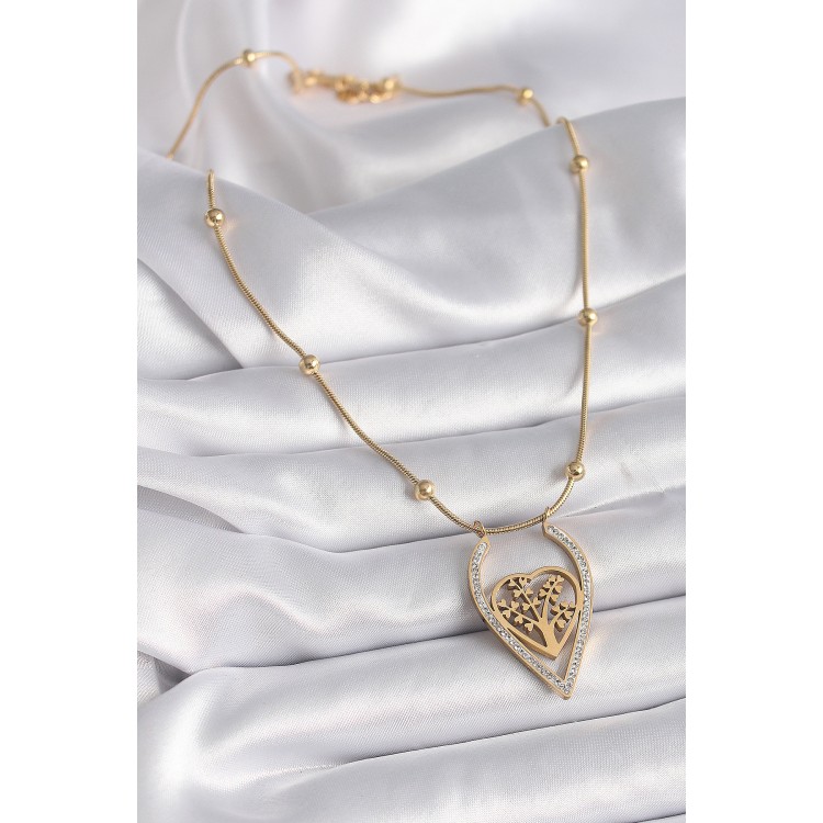 316L Çelik Gold Renk Zirkon Taşlı Detaylı Kalp Fidan Model Kadın Kolye - TJ-BKO9405