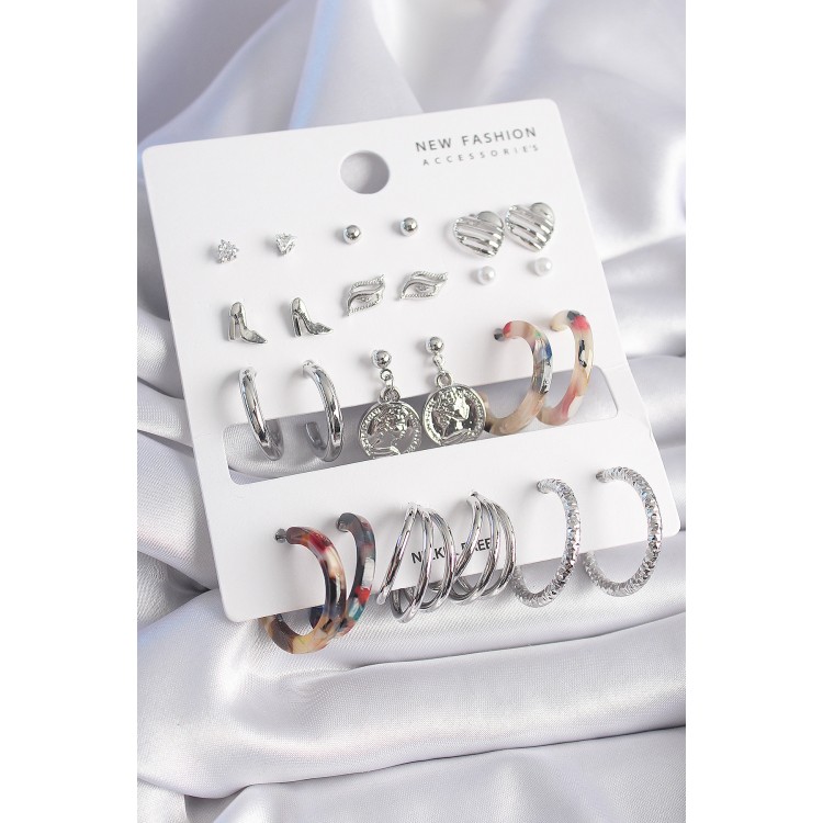 Pirinç Gümüş Renk Zirkon Taş Detaylı 12 Çift Kadın Küpe Seti - TJ-BKP9680 Pirinç Gümüş Renk Zirkon Taş Detaylı 12 Çift Kadın Küpe Seti - TJ-BKP9680