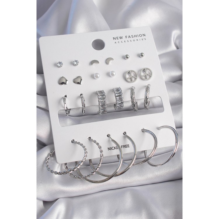 Pirinç Gümüş Renk Zirkon Taş Detaylı 12 Çift Kadın Küpe Seti - TJ-BKP9682 Pirinç Gümüş Renk Zirkon Taş Detaylı 12 Çift Kadın Küpe Seti - TJ-BKP9682