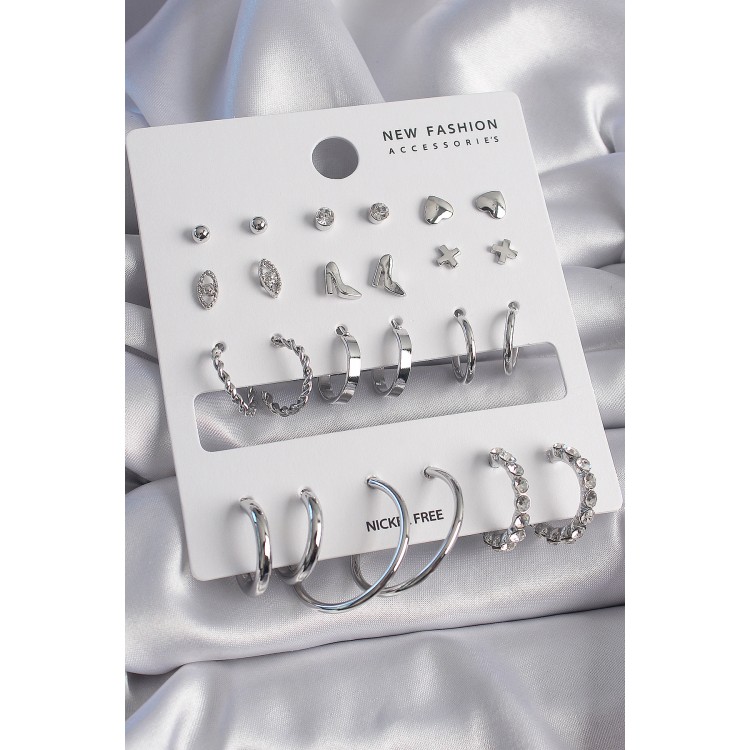 Pirinç Gümüş Renk Zirkon Taş Detaylı 12 Çift Kadın Küpe Seti - TJ-BKP9683 Pirinç Gümüş Renk Zirkon Taş Detaylı 12 Çift Kadın Küpe Seti - TJ-BKP9683