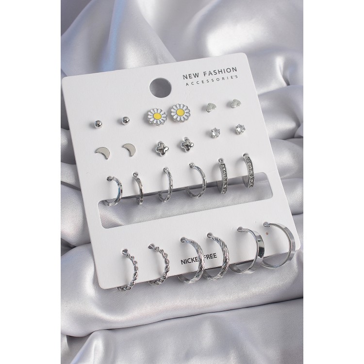 Pirinç Gümüş Renk Zirkon Taş Detaylı 12 Çift Kadın Küpe Seti - TJ-BKP9686 Pirinç Gümüş Renk Zirkon Taş Detaylı 12 Çift Kadın Küpe Seti - TJ-BKP9686