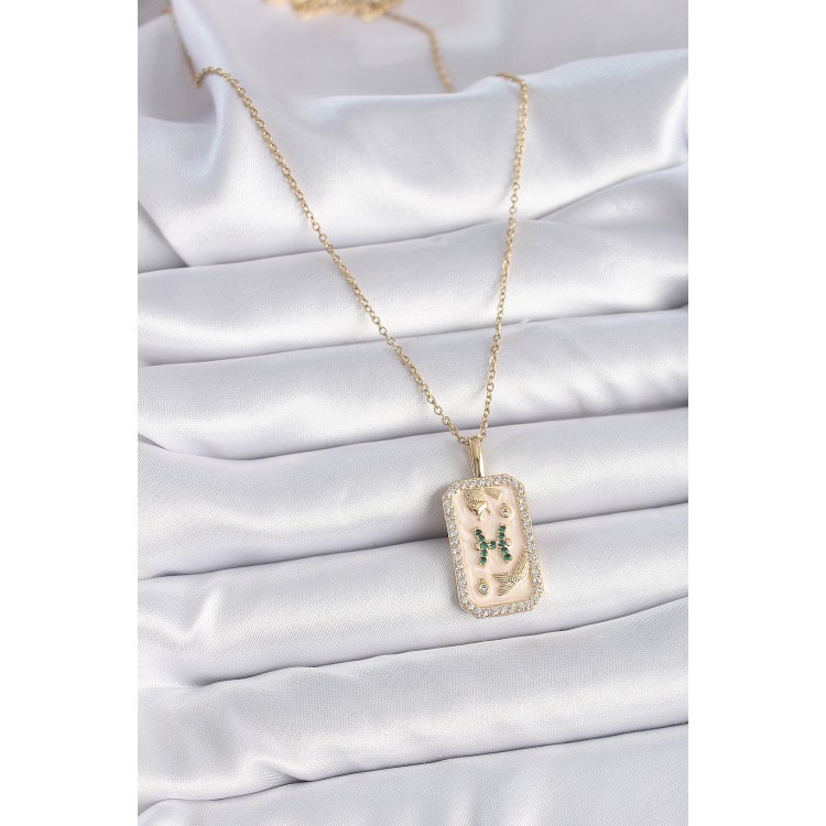 316L Çelik Gold Renk Zincir Balık Burcu Zirkon Taşlı Kadın Kolye - TJ-BKO9463