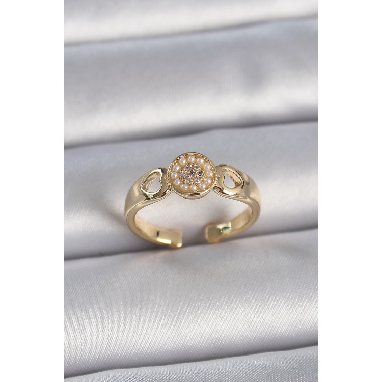 Pirinç Gold Renk Zirkon Taşlı İncili Kalp İşleme Detay Ayarlanabilir Kadın Yüzük - TJ-BYK3358 Pirinç Gold Renk Zirkon Taşlı İncili Kalp İşleme Detay Ayarlanabilir Kadın Yüzük - TJ-BYK3358