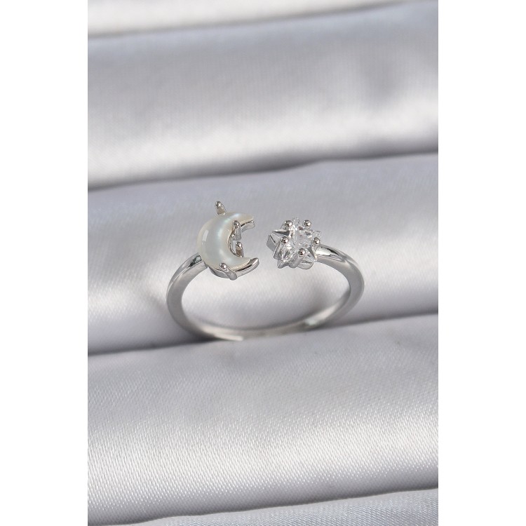 Pirinç Gümüş Renk İncili Hilal Zirkon Taşlı Yıldız Ayarlanabilir Kadın Yüzük - TJ-BYK3361 Pirinç Gümüş Renk İncili Hilal Zirkon Taşlı Yıldız Ayarlanabilir Kadın Yüzük - TJ-BYK3361