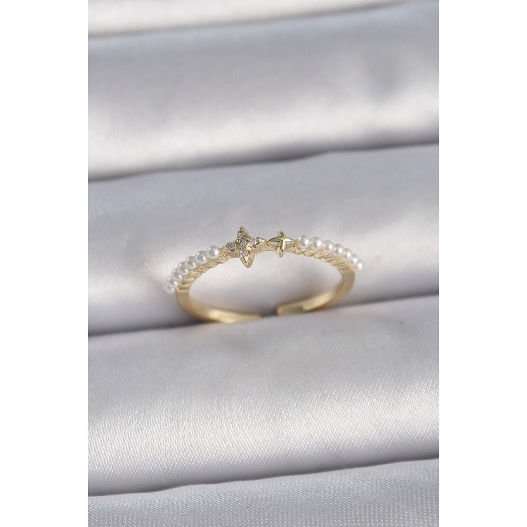 Brass Gold Color Zircon Stone Star Row Pearl Adjustable Model Women's Ring - TJ-BYK3366 Brass Gold Color Zircon Stone Star Row Pearl Adjustable Model Women's Ring - TJ-BYK3366