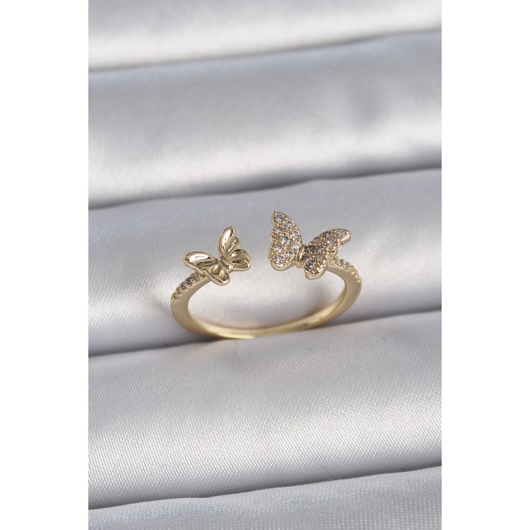 Pirinç Gold Renk Ayarlanabilir Zirkon Taşlı Kelebek Model Kadın Yüzük - TJ-BYK3374 Pirinç Gold Renk Ayarlanabilir Zirkon Taşlı Kelebek Model Kadın Yüzük - TJ-BYK3374