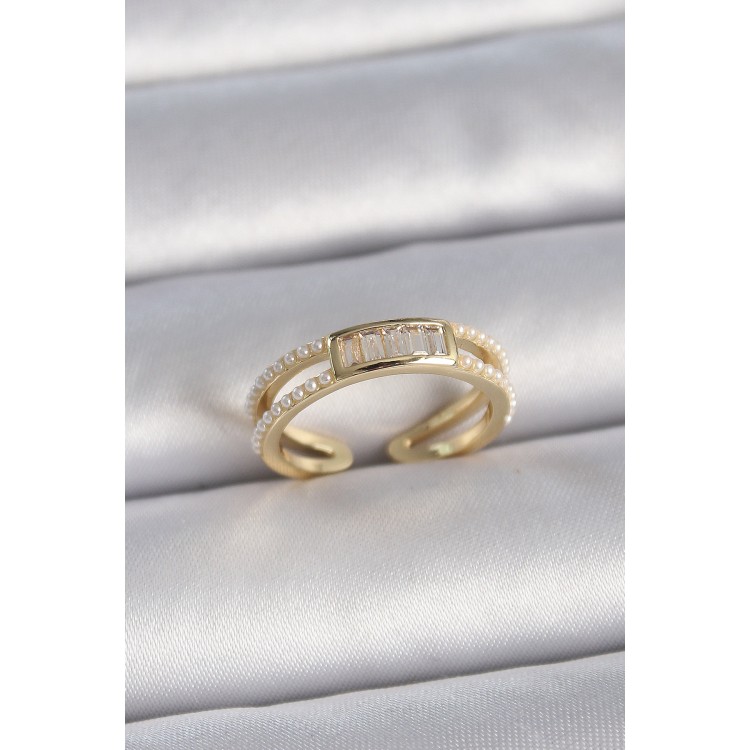 Pirinç Gold Renk Ayarlanabilir Sıralı İncili Zirkon Taş Detaylı Kadın Yüzük - TJ-BYK3380 Pirinç Gold Renk Ayarlanabilir Sıralı İncili Zirkon Taş Detaylı Kadın Yüzük - TJ-BYK3380