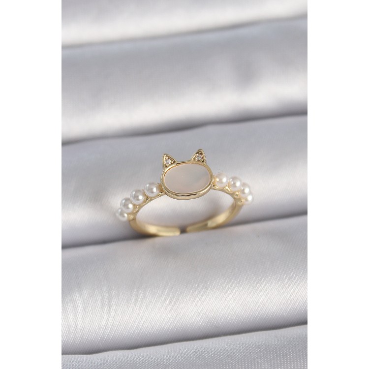Pirinç Gold Renk Ayarlanabilir Beyaz Mineli Kedi Model İnci Detay Kadın Yüzük - TJ-BYK3386