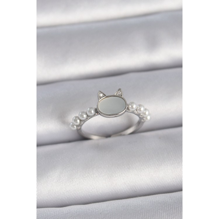 Pirinç Gümüş Renk Ayarlanabilir Beyaz Mineli Kedi Model İnci Detay Kadın Yüzük - TJ-BYK3387 Pirinç Gümüş Renk Ayarlanabilir Beyaz Mineli Kedi Model İnci Detay Kadın Yüzük - TJ-BYK3387