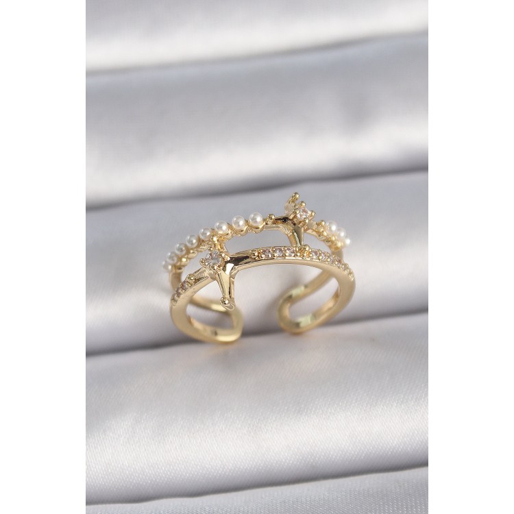 Pirinç Gold Renk Ayarlanabilir Zirkon Taşlı İncili Yıldız Model Kadın Yüzük - TJ-BYK3392 Pirinç Gold Renk Ayarlanabilir Zirkon Taşlı İncili Yıldız Model Kadın Yüzük - TJ-BYK3392