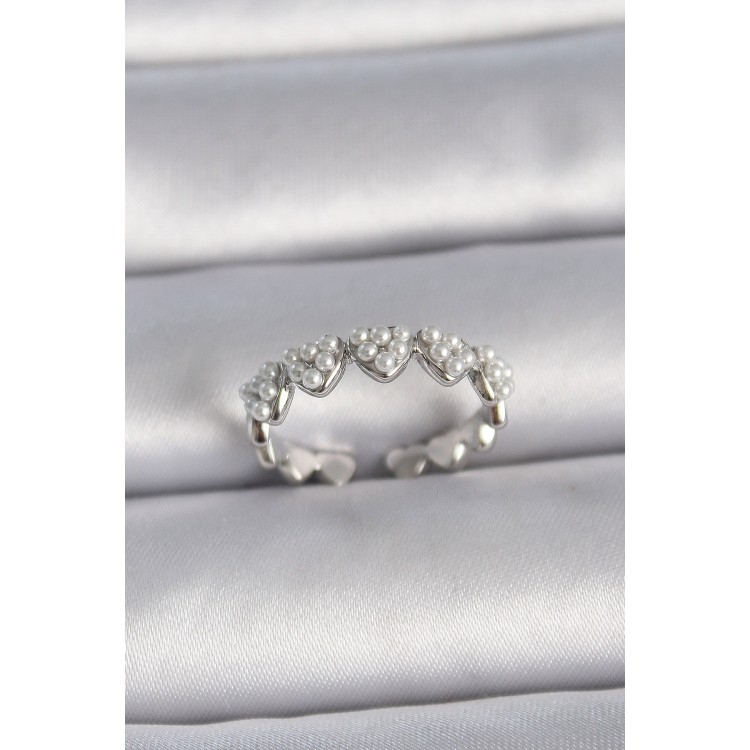 Pirinç Gümüş Renk Ayarlanabilir İncili Kalp Model Kadın Yüzük - TJ-BYK3411 Pirinç Gümüş Renk Ayarlanabilir İncili Kalp Model Kadın Yüzük - TJ-BYK3411