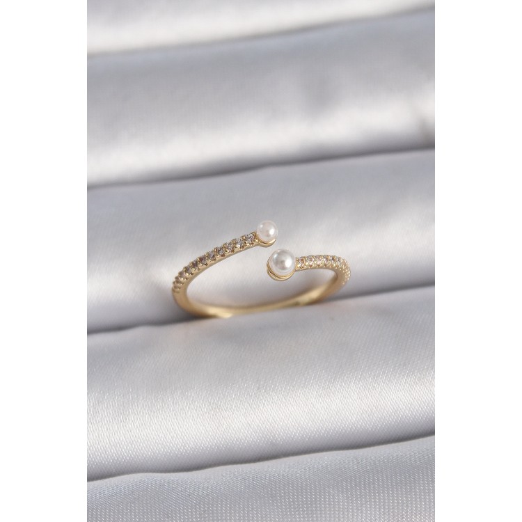 Brass Gold Color Adjustable Row Zircon Stone Pearl Detail Women's Ring - TJ-BYK3416