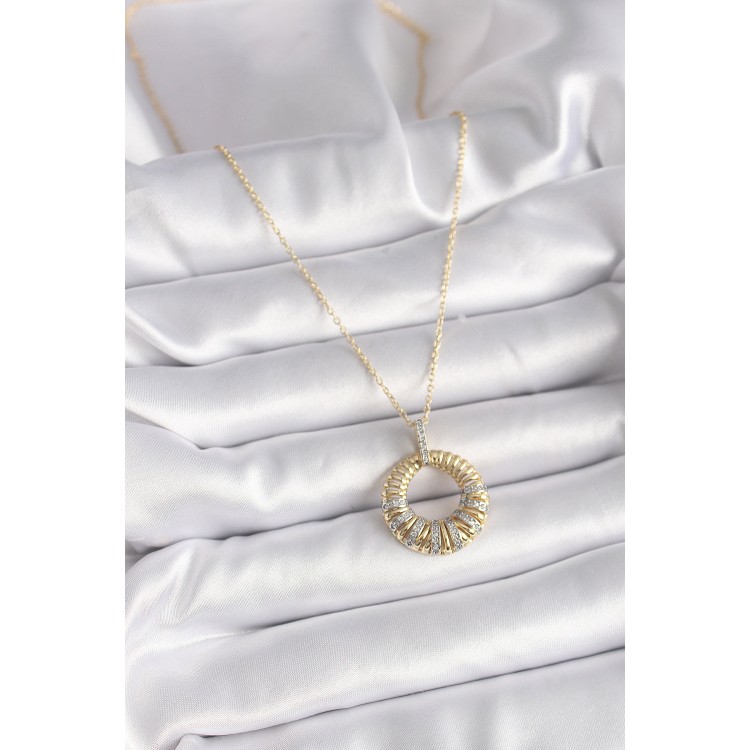 316L Çelik Gold Renk Zincir Gümüş Zirkon Taşlı Daire Model Kadın Kolye - TJ-BKO9481