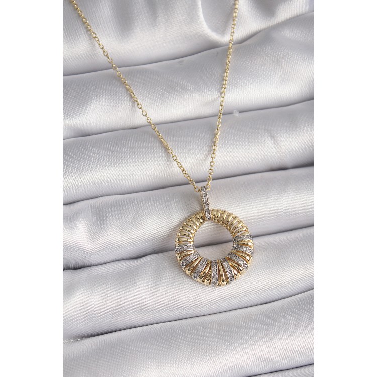 316L Çelik Gold Renk Zincir Gümüş Zirkon Taşlı Daire Model Kadın Kolye - TJ-BKO9481