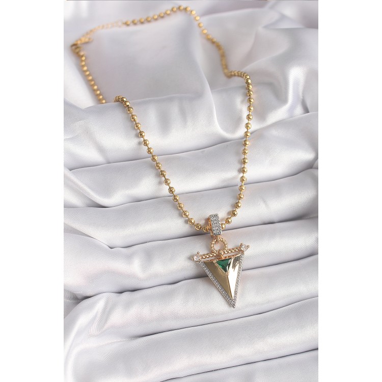 316L Steel Gold Color Ball Chain Zircon Stone 3D Triangle Model Women's Necklace - TJ-BKO9482