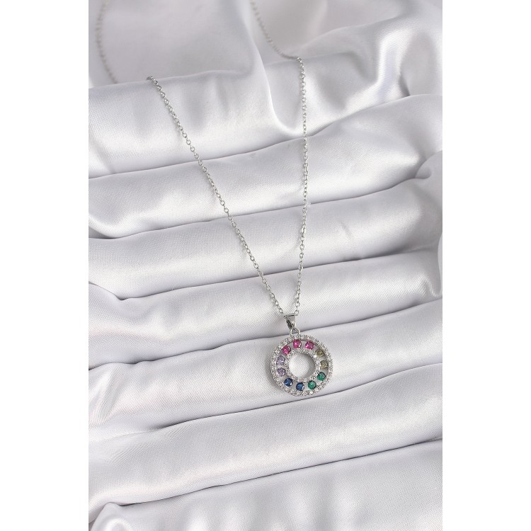 316L Çelik Gümüş Renk Zincir Renkli Zirkon Taşlı Madalyon Model Kadın Kolye - TJ-BKO9489