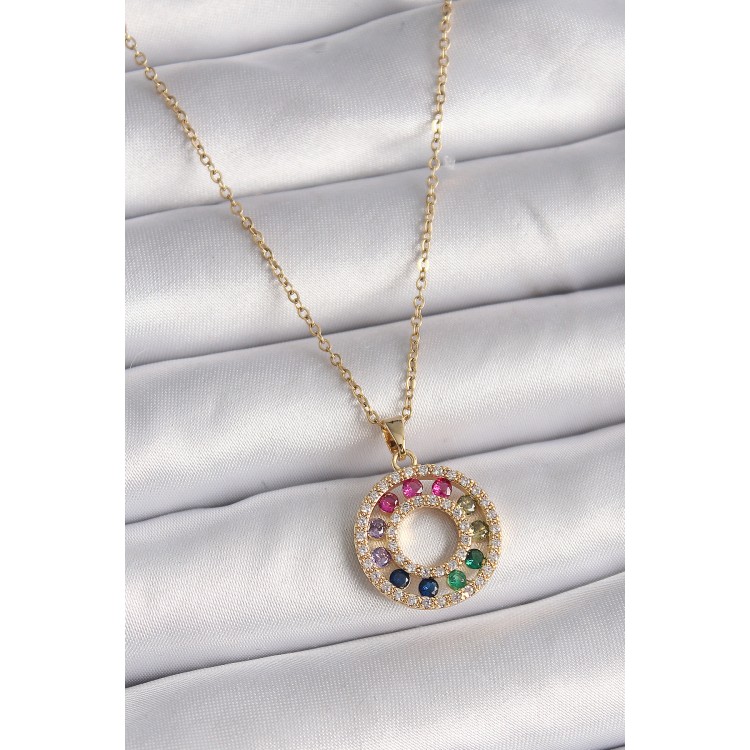 316L Steel Gold Color Chain Colorful Zircon Stone Medallion Model Women's Necklace - TJ-BKO9490 316L Steel Gold Color Chain Colorful Zircon Stone Medallion Model Women's Necklace - TJ-BKO9490