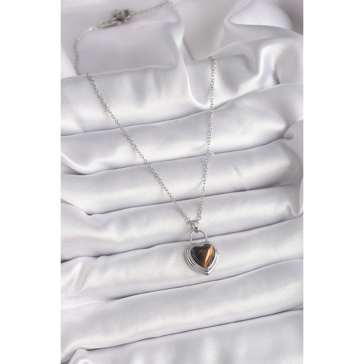 316L Çelik Gümüş Renk Zincir Kilit Kalp Kehribar Boncuk Model Kadın Kolye - TJ-BKO9495