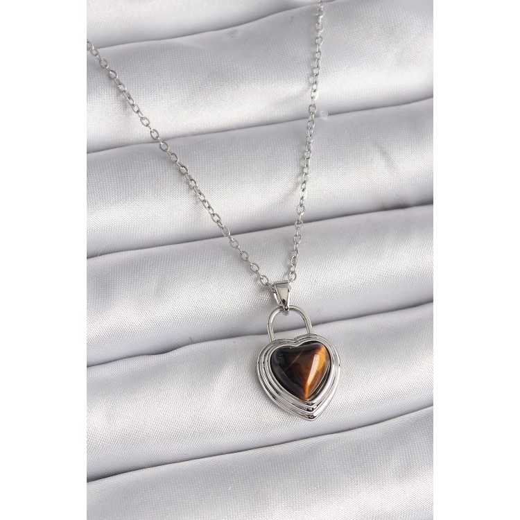 316L Çelik Gümüş Renk Zincir Kilit Kalp Kehribar Boncuk Model Kadın Kolye - TJ-BKO9495 316L Çelik Gümüş Renk Zincir Kilit Kalp Kehribar Boncuk Model Kadın Kolye - TJ-BKO9495