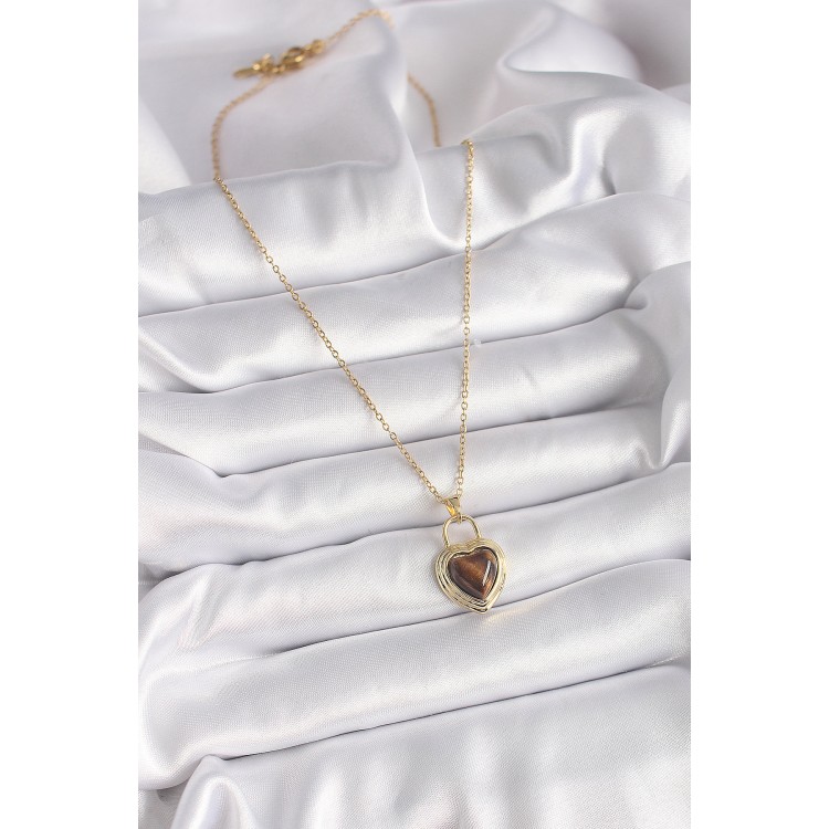 316L Steel Gold Color Chain Lock Heart Amber Bead Model Women's Necklace - TJ-BKO9496