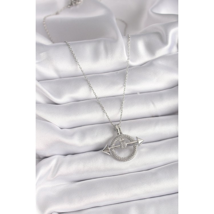 316L Çelik Gümüş Renk Zincir Zirkon Taşlı Halka Model Kadın Kolye - TJ-BKO9506