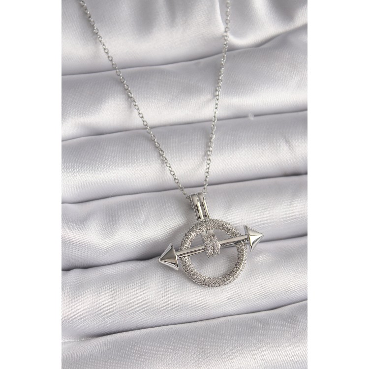 316L Çelik Gümüş Renk Zincir Zirkon Taşlı Halka Model Kadın Kolye - TJ-BKO9506