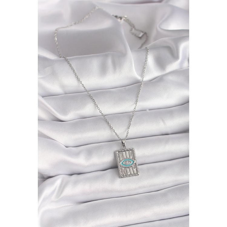 316L Çelik Gümüş Renk Zincir Göz İşlemeli Madalyon Model Kadın Kolye - TJ-BKO9508