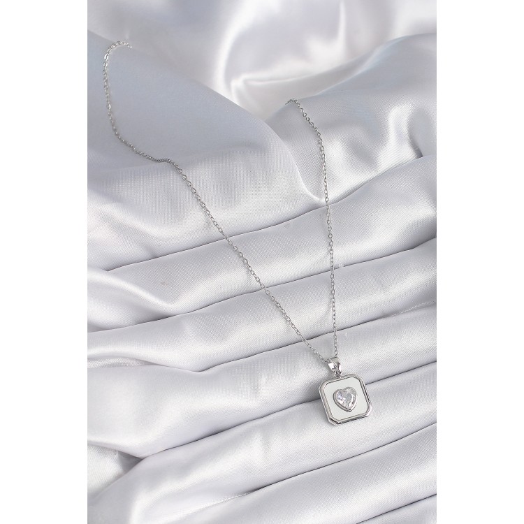 316L Çelik Gümüş Renk Kare Madalyon Kalp Zirkon Taş İşleme Kadın Kolye - TJ-BKO9525