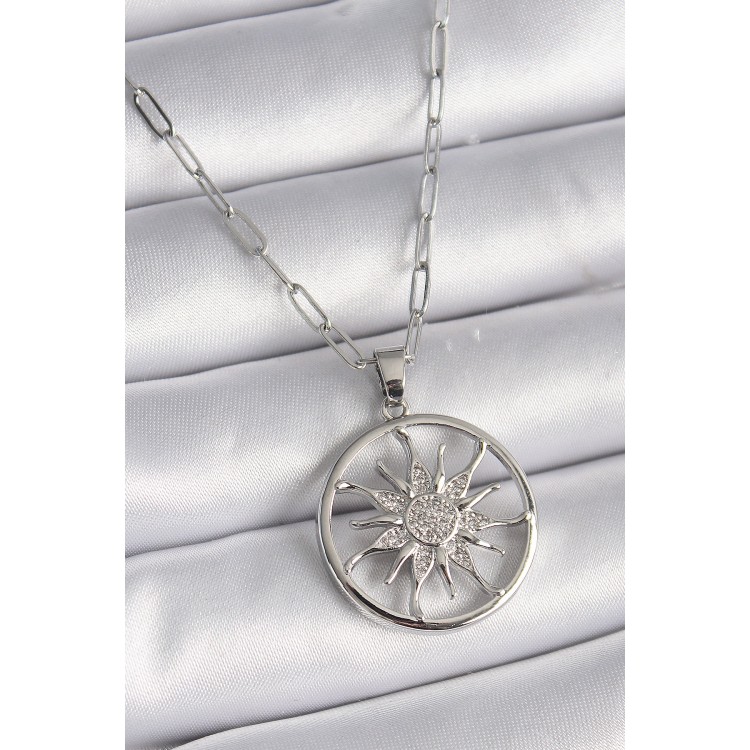 316L Çelik Gümüş Renk Zirkon Taşlı Güneş Madalyon Model Kadın Kolye - TJ-BKO9529 316L Çelik Gümüş Renk Zirkon Taşlı Güneş Madalyon Model Kadın Kolye - TJ-BKO9529