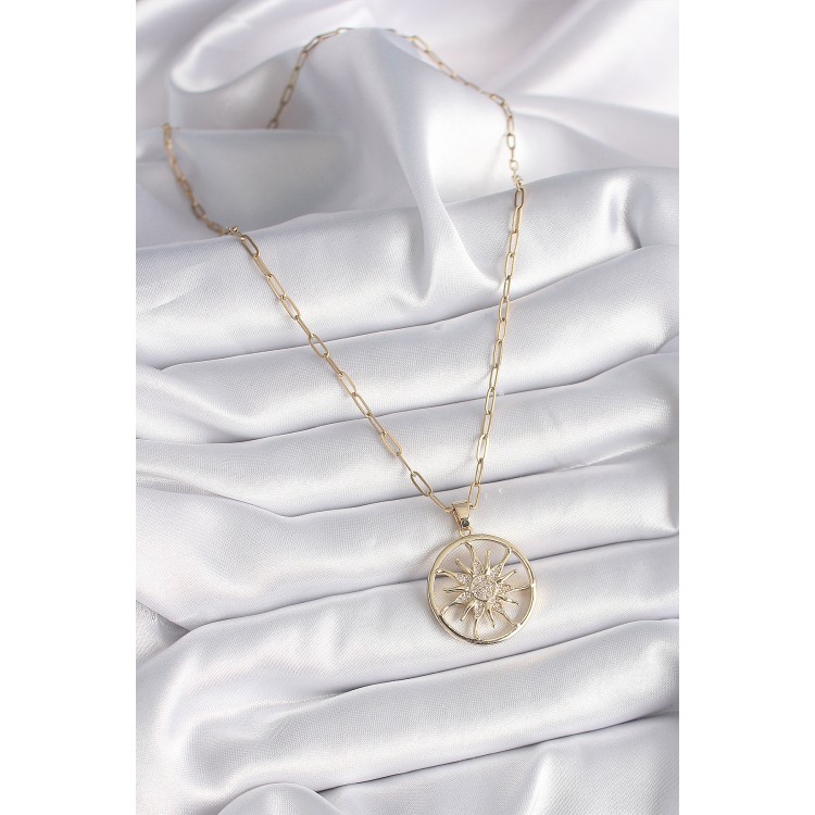 316L Steel Gold Color Zircon Stone Sun Medallion Model Women's Necklace - TJ-BKO9530