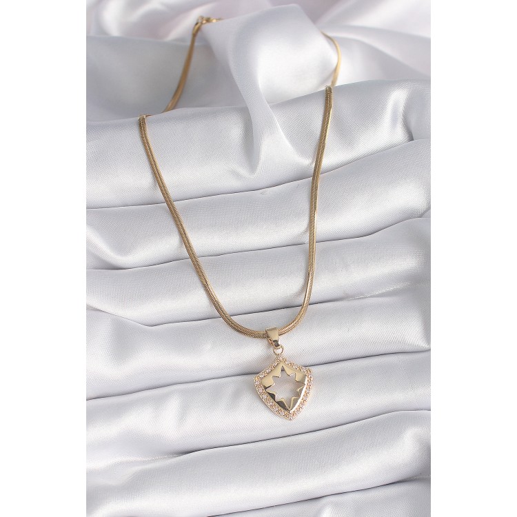 316L Çelik Gold Renk İtalyan Zincir Zirkon Taşlı Kutup Yıldız İşleme Kadın Kolye - TJ-BKO9536